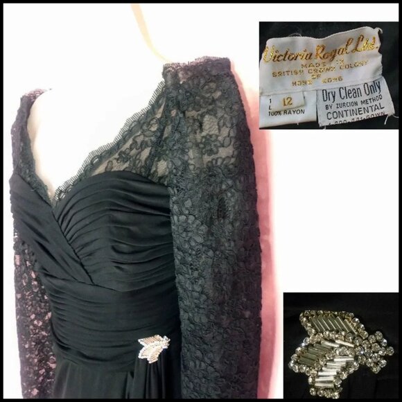 Black Lace Sheath, Long Sleeve Dress, 50s Style with Rhinestone Brooch - 90s - Picture 3 of 14